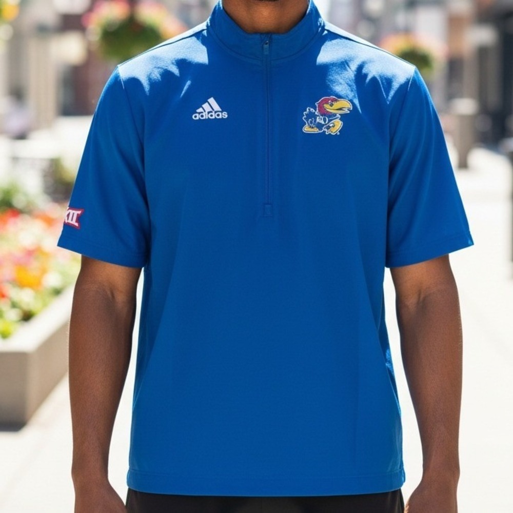Adidas Kansas Jayhawks Mens Royal Blue‎ Warm-Up Pullover 1/4 Zip Short Sleeve M